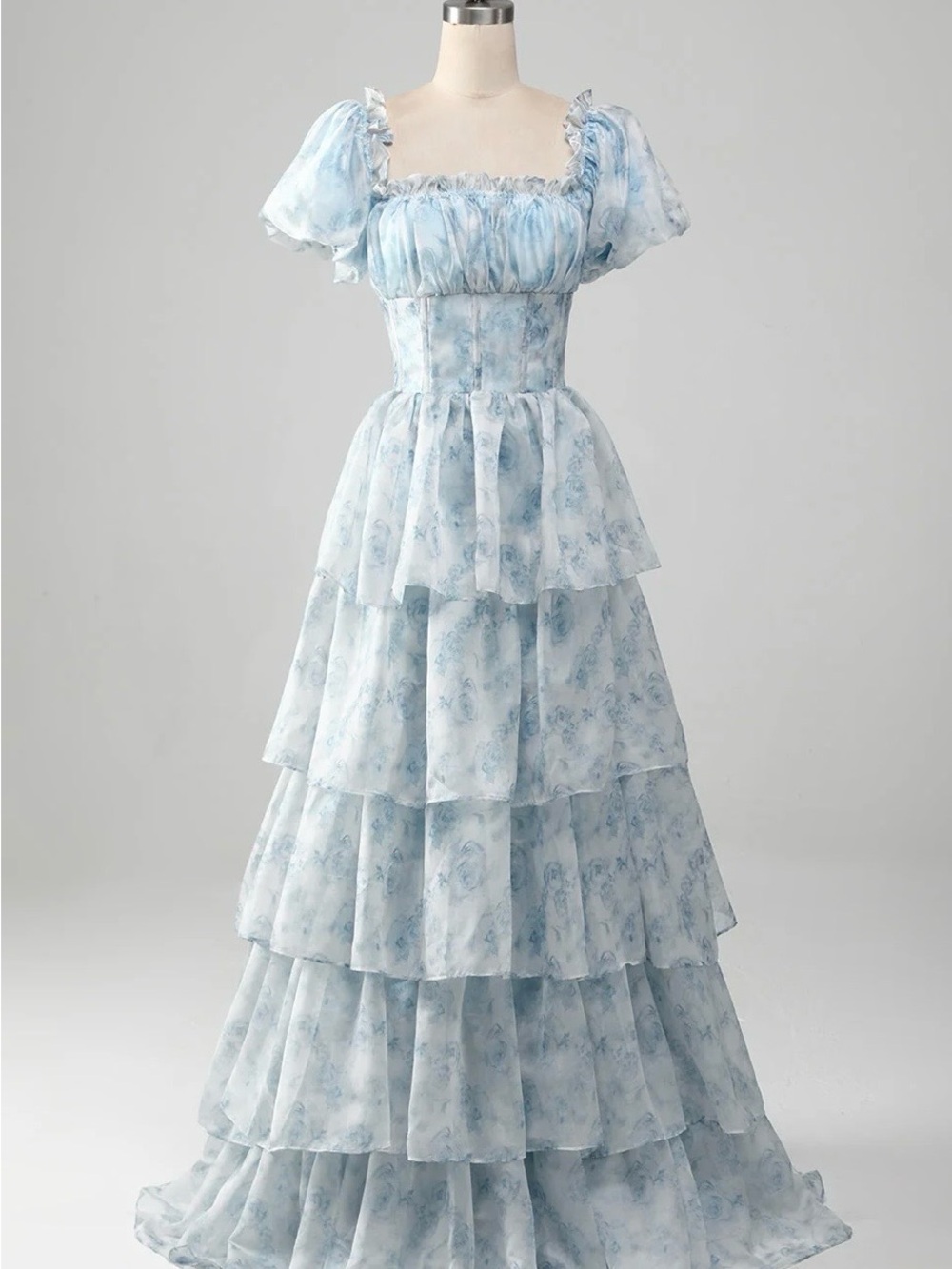 Ethereal Blue Tiered Puff-Sleeve Prom Dress
